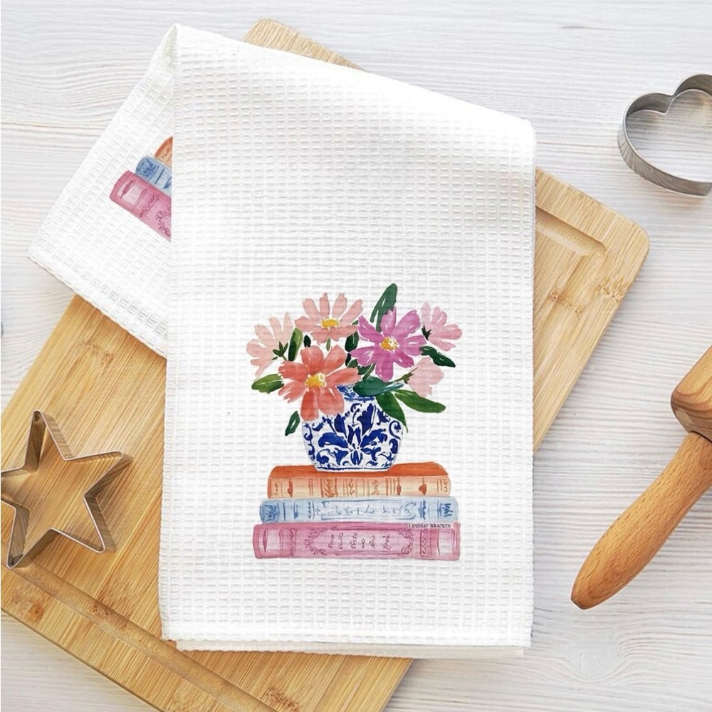 Floral Vase Over Book Stack Kitchen Towel Set of 2